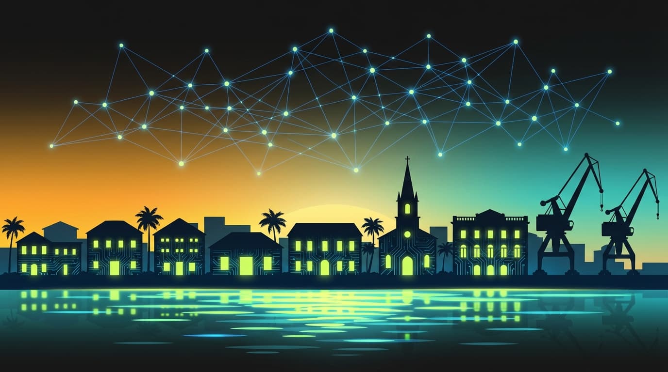 Caribbean cityscape representing Caydev's island roots