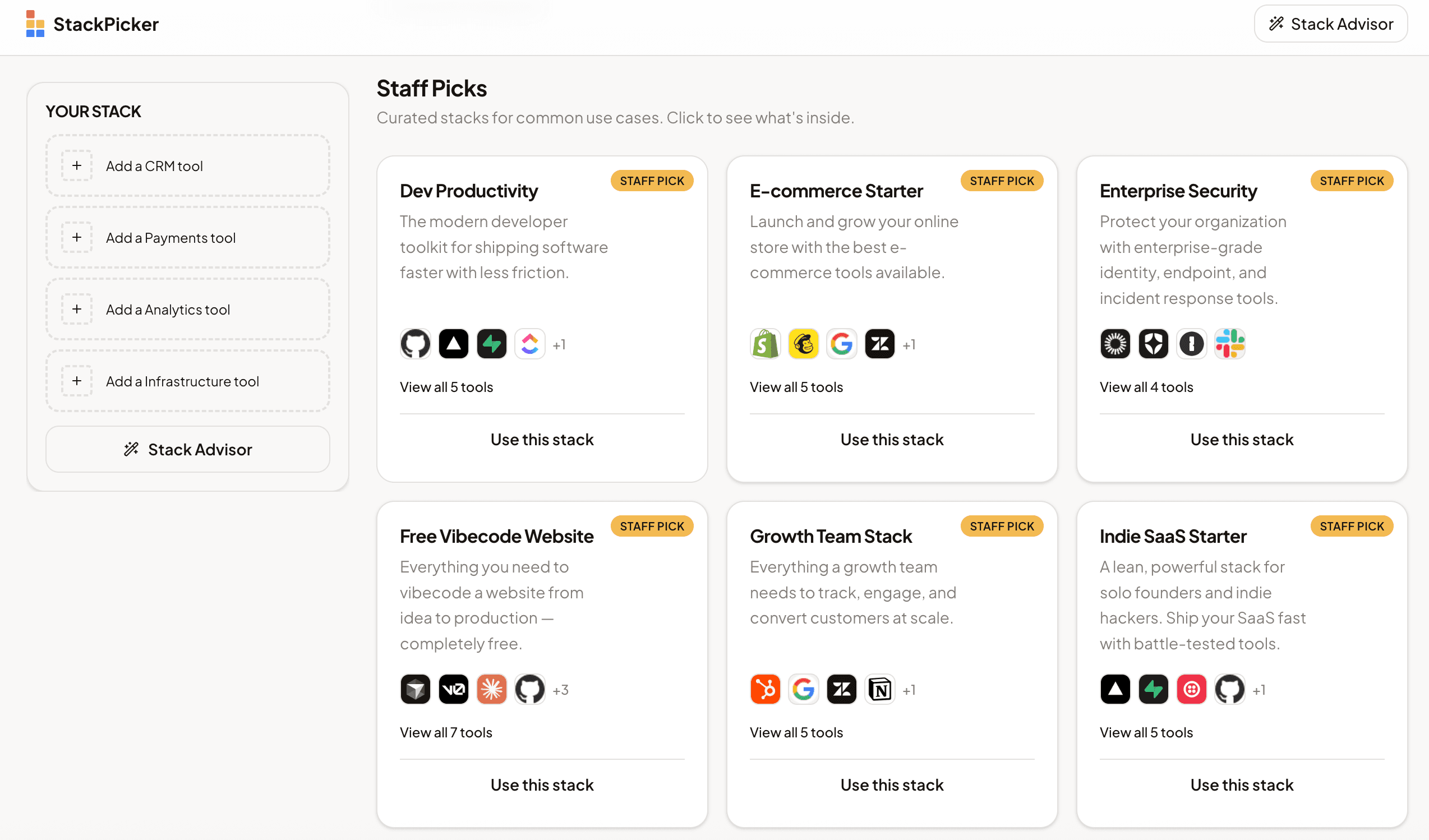 StackPicker Staff Picks showing curated stack templates like Dev Productivity, E-commerce Starter, and Indie SaaS Starter with tool icons